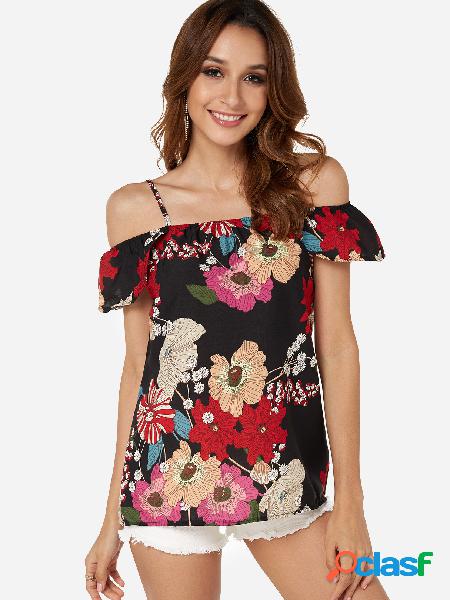 Black Random Floral Print Cold Shoulder Cap Sleeves Blouse