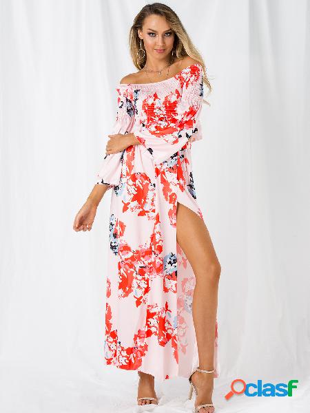 Pink Floral Print Shirred Off The Shoulder High-waisted Slit