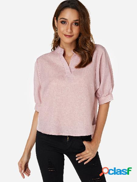 Pink V-neck Blouses With Irregular Hem