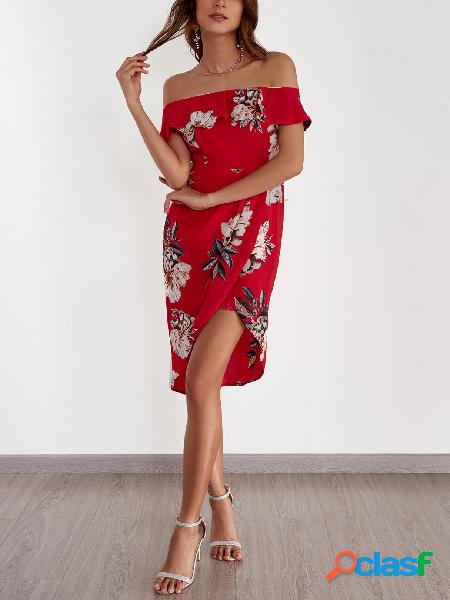 Random Floral Print Off The Shoulder Irregular Hem Midi