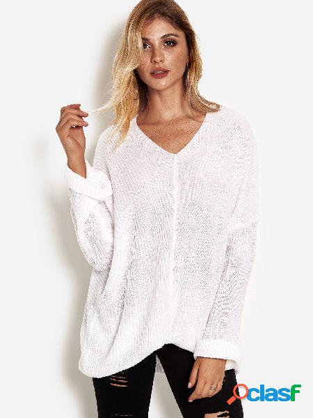 White Plain Deep V Neck One Shoulder Long Sleeves Sweaters