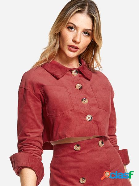 Brick Red Lapel Collar Button Design Denim Crop Jacket