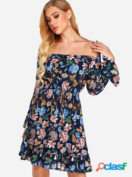 Random Floral Print Off The Shoulder High Waist Party Dress
