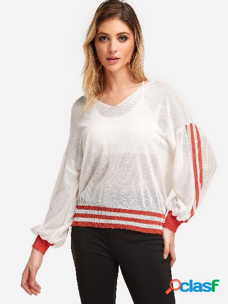 White Plain V-neck Long Sleeves Semi Sheer Hooded Knitted