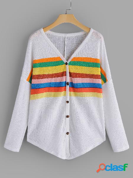 White V-neck Long Sleeves Button Design T-shirt