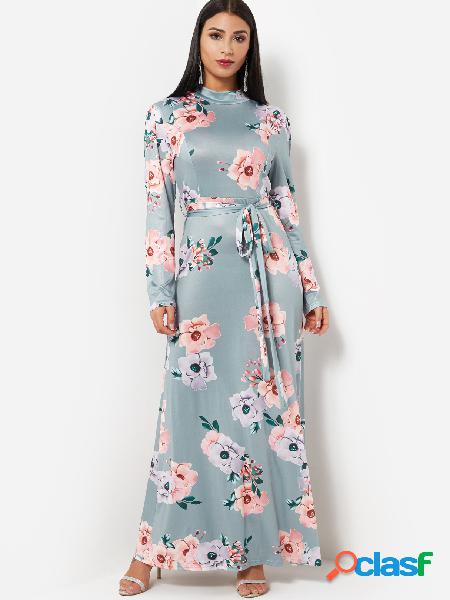 Blue Round Neck Long Sleeves Self-Tie Waist Floral Print