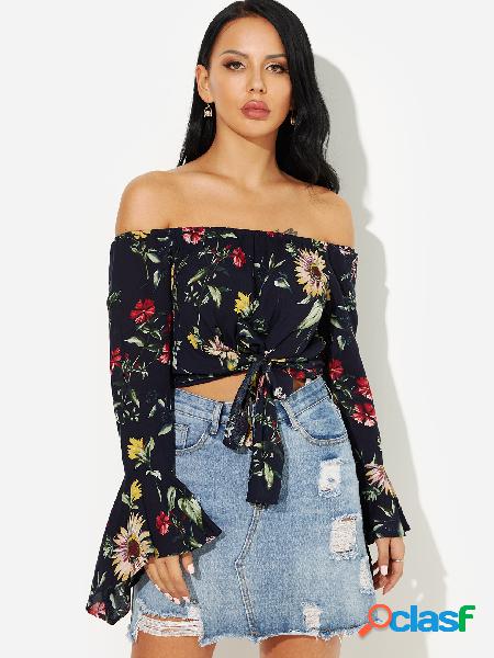 Navy Off Shoulder Flared Sleeves Fashion Blouse