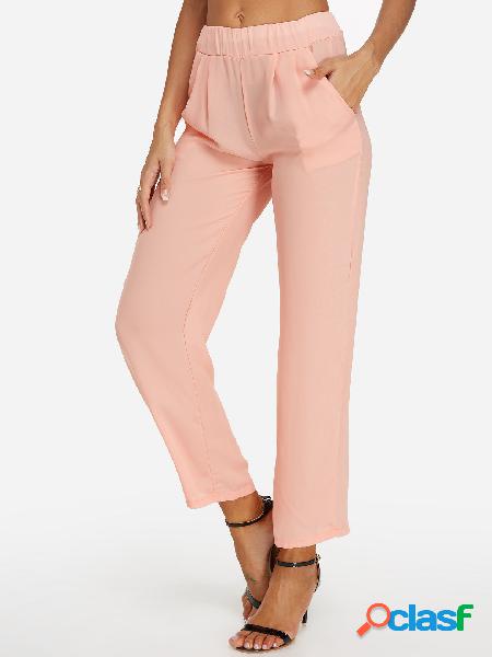 Pink Side Pockets Wide leg Plain Middle-waisted Pants