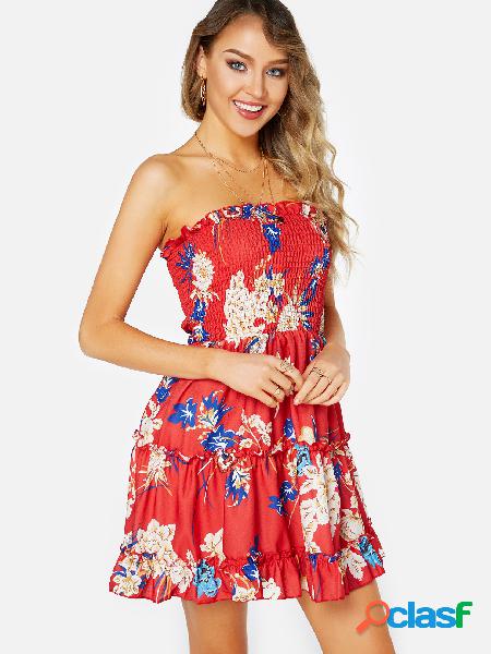 Red Backless Design Floral Print Off The Shoulder Sleeveless