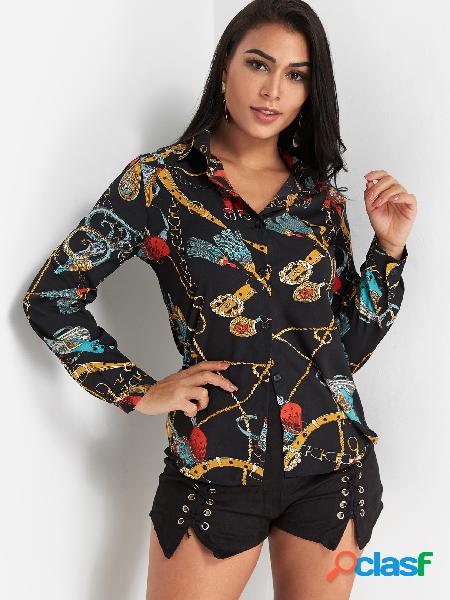 Scarf Print Classic Collar Blouse in Black