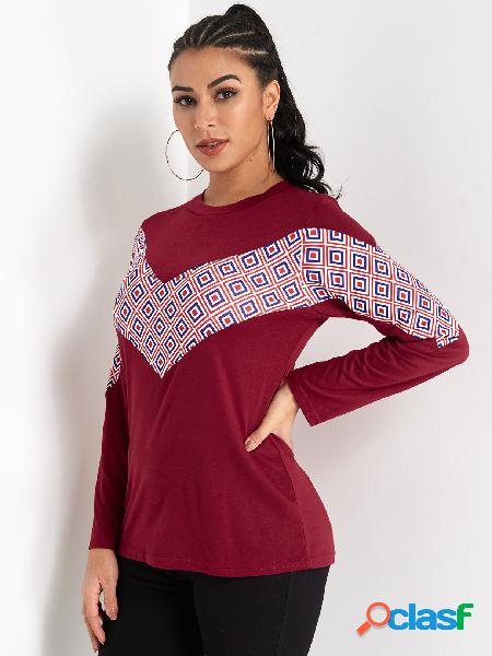 Burgundy Color Block Round Neck Long Sleeves T-shrit