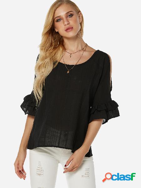 Black Cold Shoulder Half Sleeves Mesh Blouse