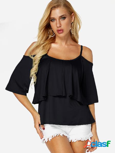 Black Cold Shoulder Half Sleeves Casual T-shirts
