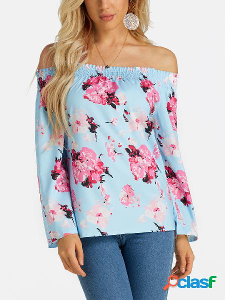 Blue Random Floral Print Off Shoulder Long Sleeves Blouse