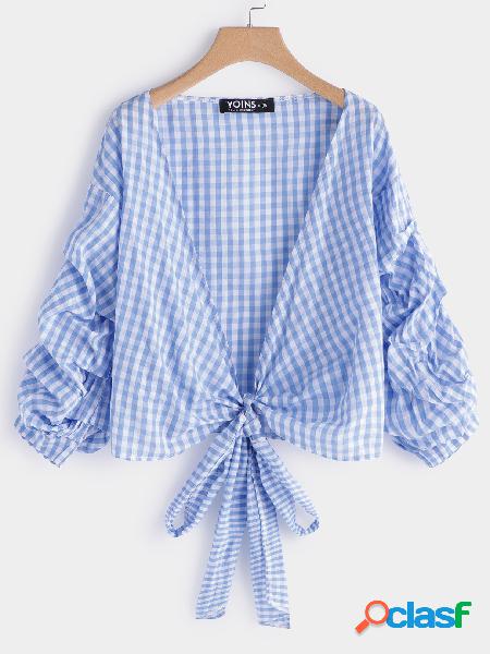 Blue Wrap Design Grid V-neck Blouses