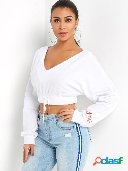 White V-neck Long Sleeves Drawstring Hem Crop Sweatshirt