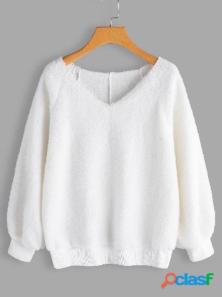 White V-neck Long Sleeves Fleece Fuzzy Loose Pullover