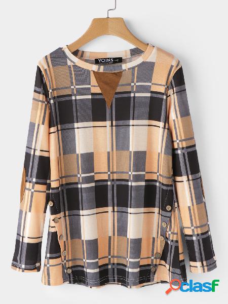 Yellow Buttons Grid Long Sleeves Fashion T-shirts