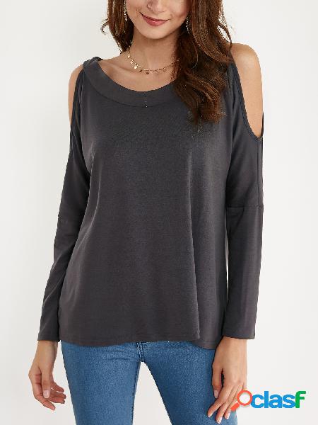 Grey Round Neck Cold Shoulder Long Sleeves T-shirt