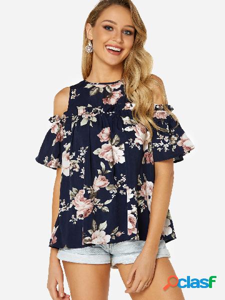 Navy Random Floral Print Cold Shoulder Ruffle Sleeves Blouse