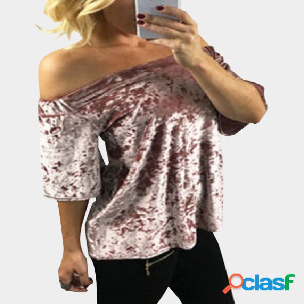 Pink Off-the-shoulder Velvet Short Sleeves Top