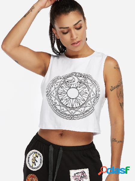 White Floral Print Round Neck Street Style Vest