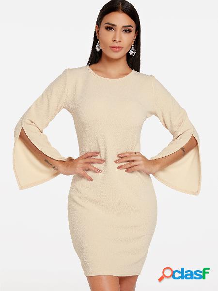 Apricot Slit Design Plain Round Neck slit Sleeves Dress