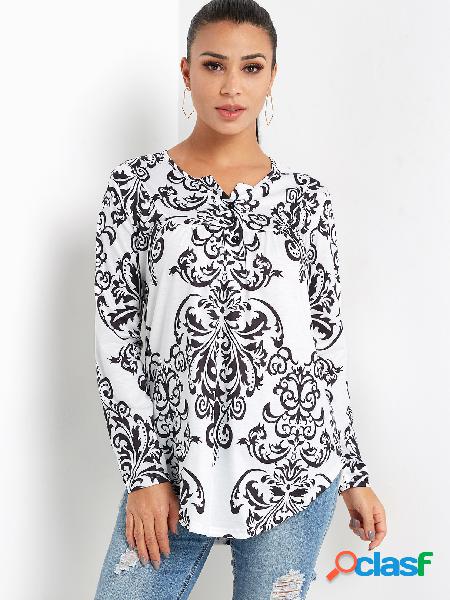 Black Tribal Print V-neck Long Sleeves Shirt