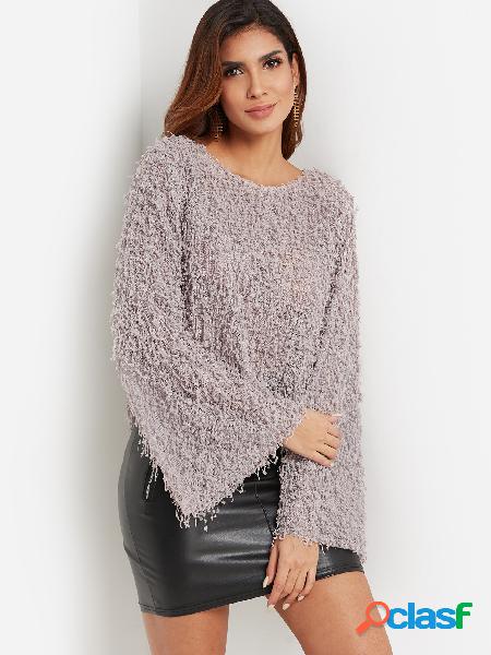 Dust Grey Crew Neck Bell Sleeve Paneled Stylish Sherpa