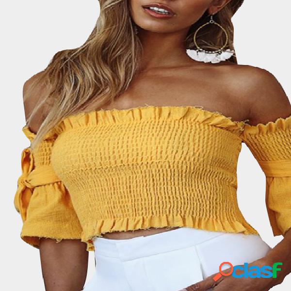 Yellow Shirring Off Shoulder Short Sleeves Crop Top