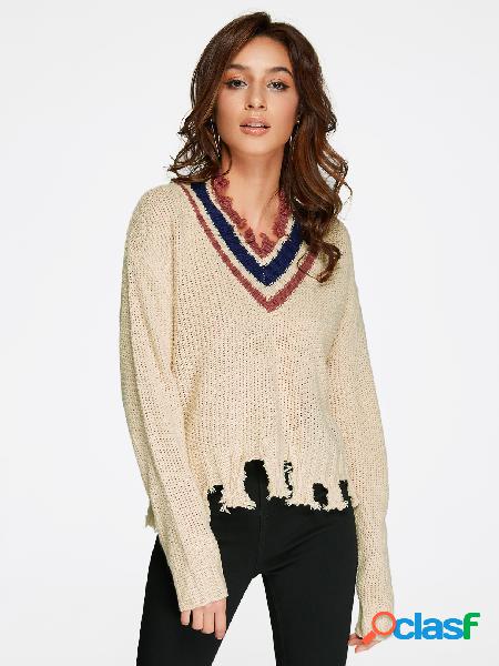 Apricot V-neck Long SLeeves Irregular Hem Sweater