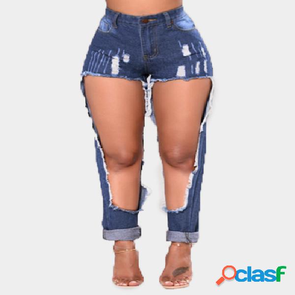 Blue Cut Out Middle-waisted Skiny Jeans