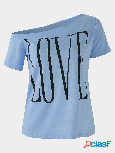 Blue Letter Printed One Shoulder Short Sleeves T-shirt