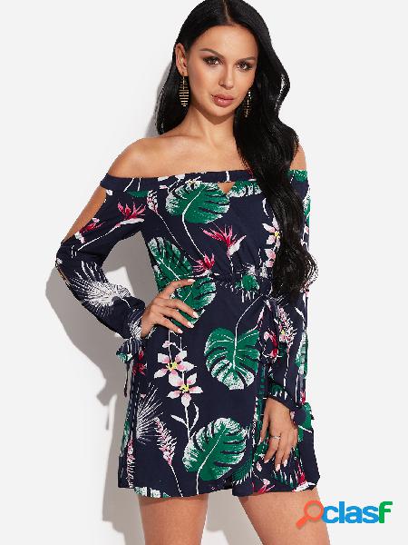 Random Floral Print Off The Shoulder Tie up at Cuffs Dress