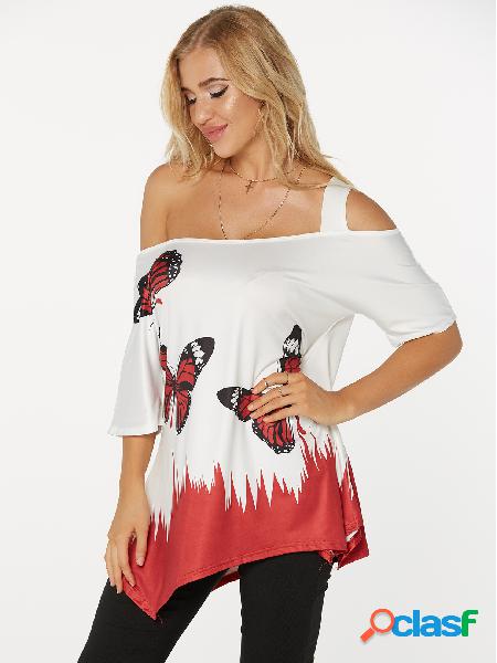 Red Floral Print Asymmetrical Cold Shoulder Irregular Hem