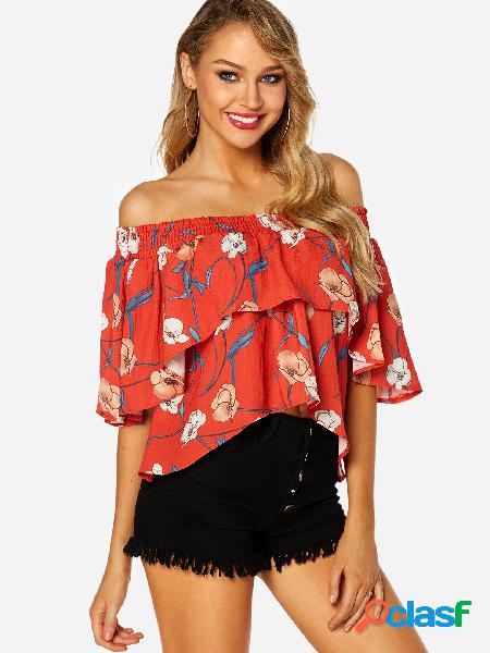 Red Tiered Design Random Floral Print Off Shoulder Blouse