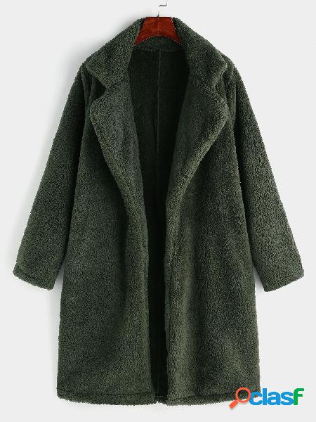 Army Green Lapel Collar Long Sleeves Faux Fur Coat