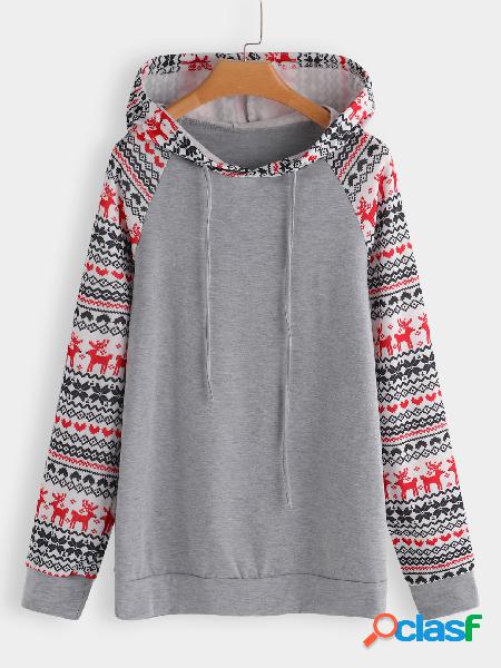 Grey Color Block Tribal Print Long Sleeves Hoodie