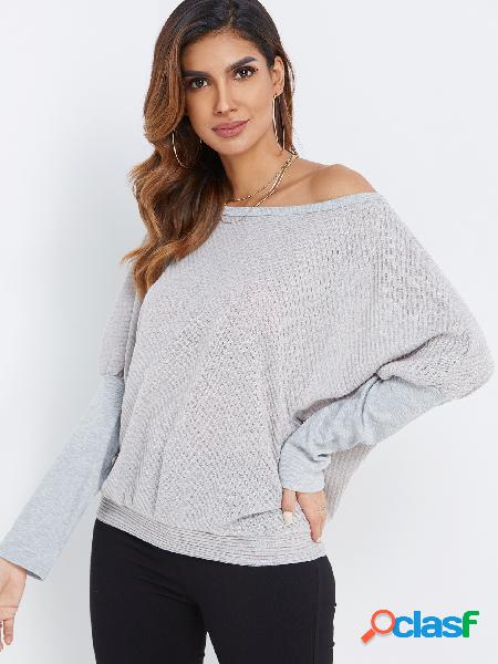 Grey Plain One Shoulder Bat Long Sleeves Top