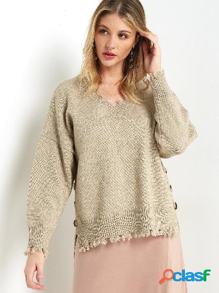 Khaki V-neck Ripped Hem Button-down Side Knit Sweater