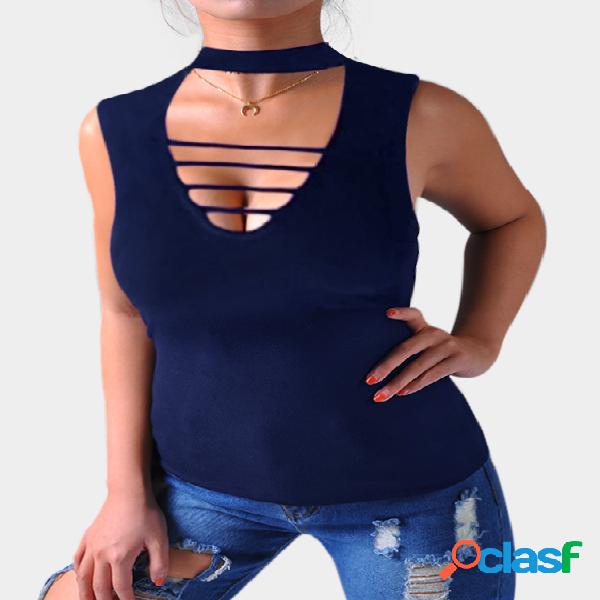 Navy Halter Halter Cut Out V-neck Tank Top