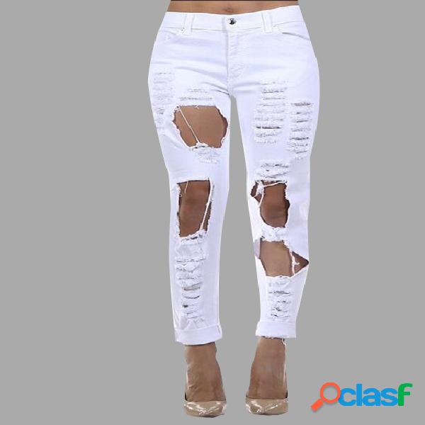 White Boyfriend Denim High Waist Shredded Rips Jeans