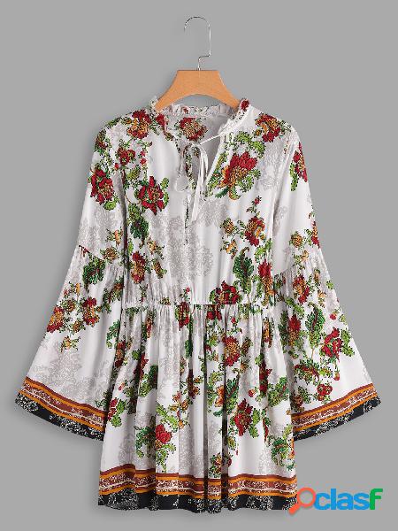 White Random Floral Print V-neck Bell Sleeves Stretch