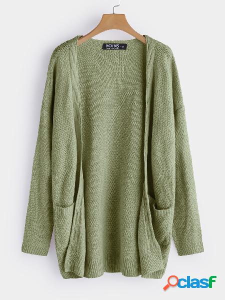 Army Green Side Pockets Long Sleeves Knitted Coat