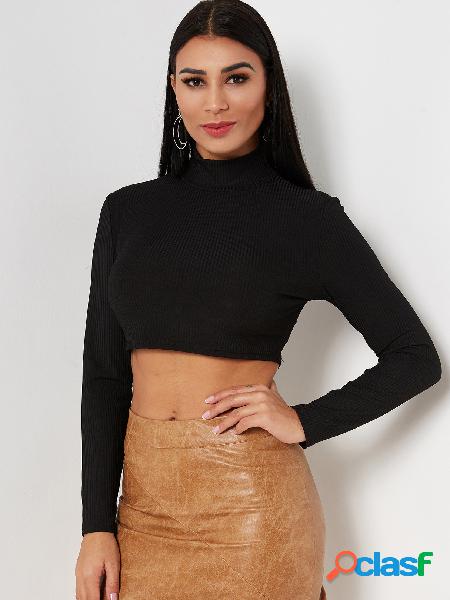 Black Perkins Collar Long Sleeves Crop Top