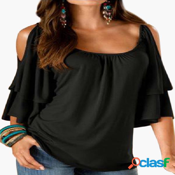 Black Tiered Design Cold Shoulder Half Sleeves T-shirts