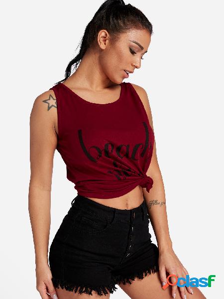 Red Letter Printed Round Neck Sleeveless Gym Tops