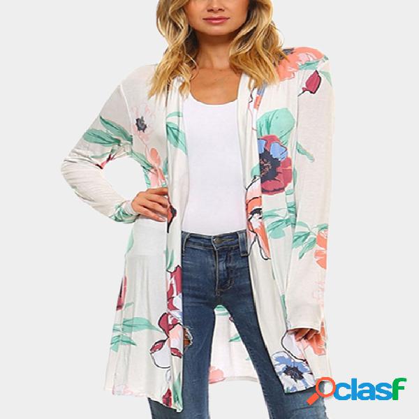 White Floral Print Long Sleeves Irreular Hem Longline