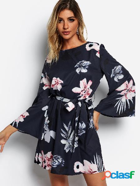 Navy Random Floral Print Round Neck Long Bell Sleeves