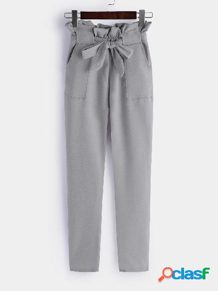 Grey Self-tie Design Plain High-waisted Pants